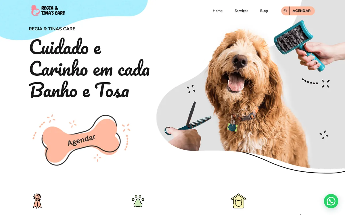 Página inicial do site Régia e Tina's Care
