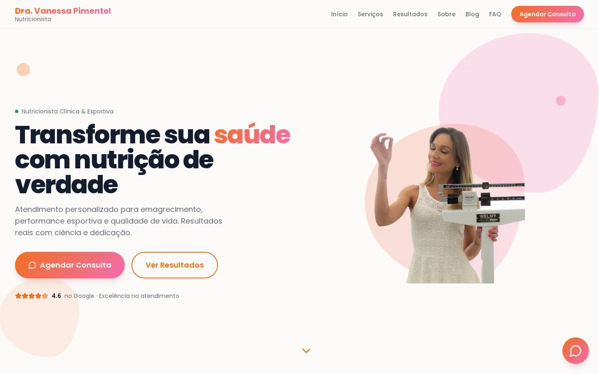 Página inicial do site da nutricionista Vanessa Pimentel